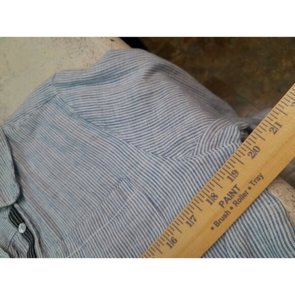 Womens Striped Linen Quiet Luxury Roll Tab Beachy Vacation Sz Large Shirt Dress - Picture 9 of 9